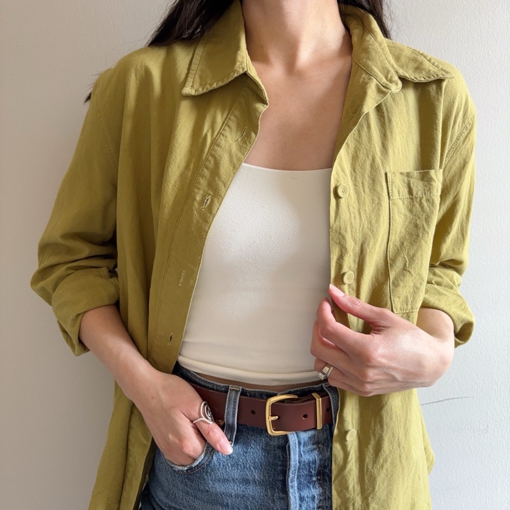 Crescent Chartreuse Green Cotton Linen Blend Button Up Shirt Size Medium